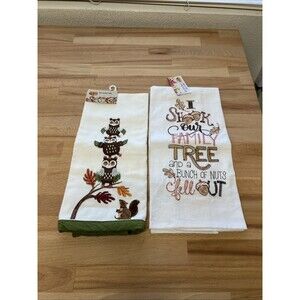 Cracker Barrel Embroidered Dish Towel & Flour Sack Family Nuts Owl Squirrel Lot